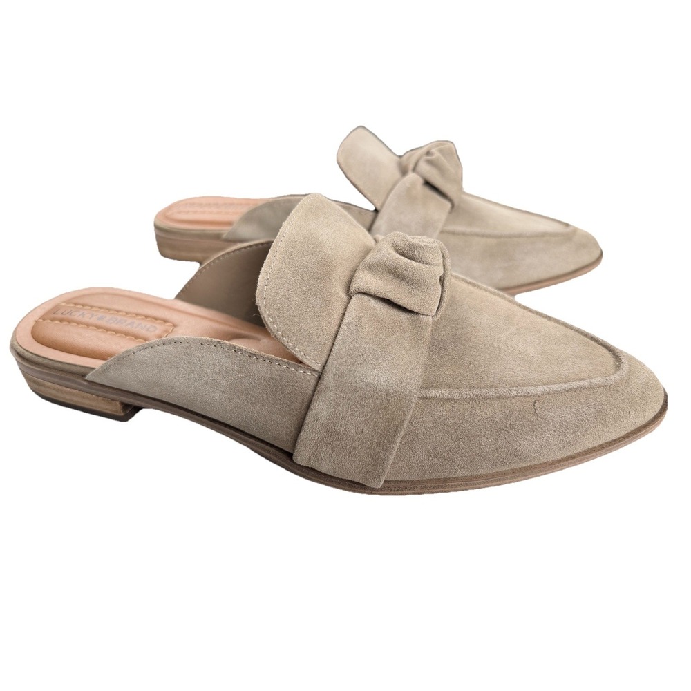 Lucky Brand Adenia Mule Flats Womens 8M Beige Suede‎ Pointed Toe Knot Slip On